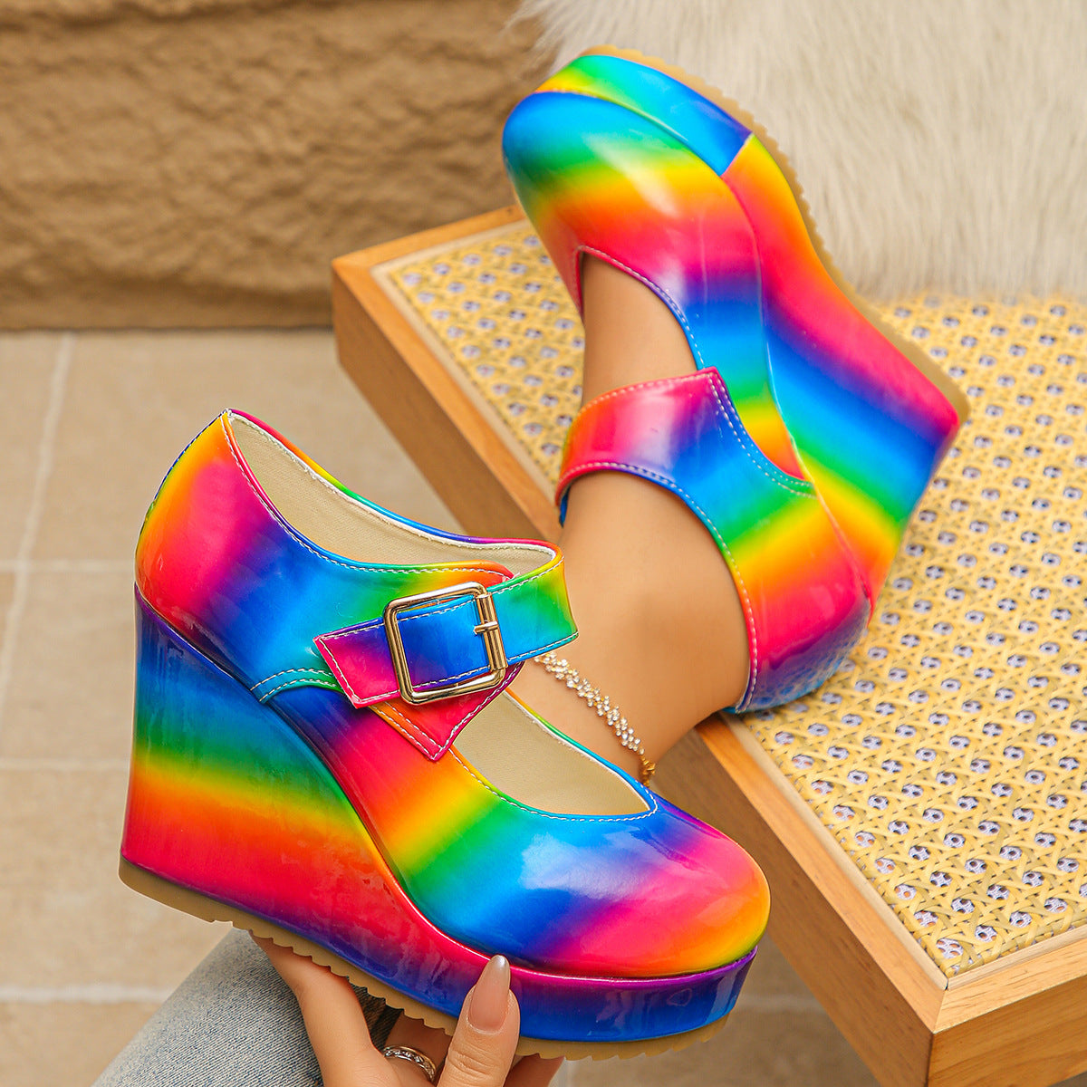 Rainbow Wedge Mary Jane Platform Shoes