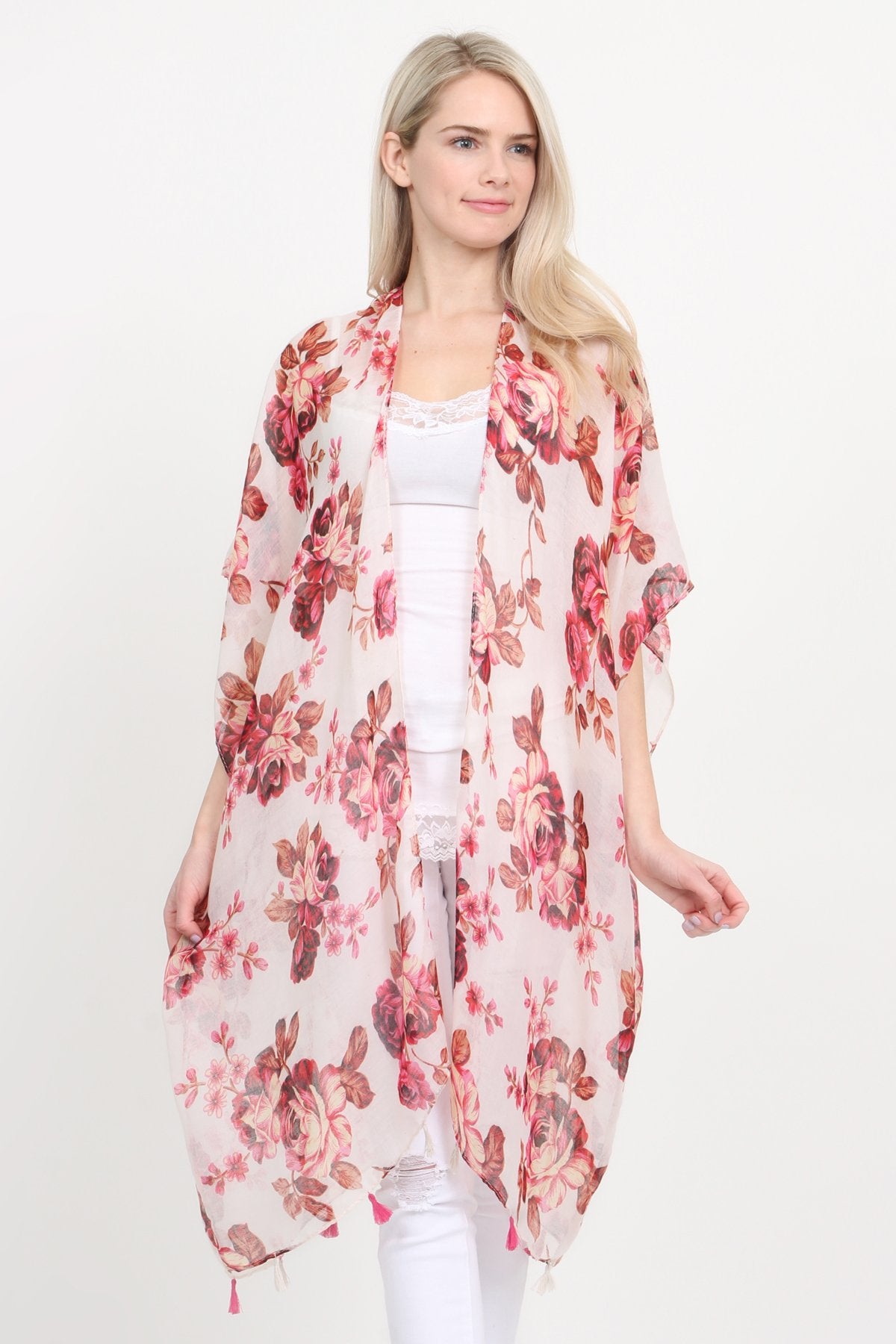 Open Front Knee Length Floral Cardigan