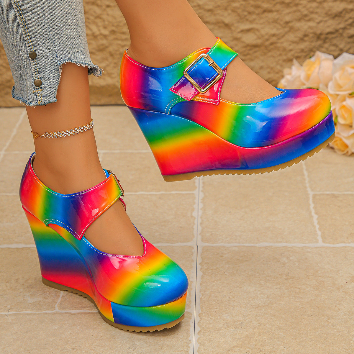 Rainbow Wedge Mary Jane Platform Shoes
