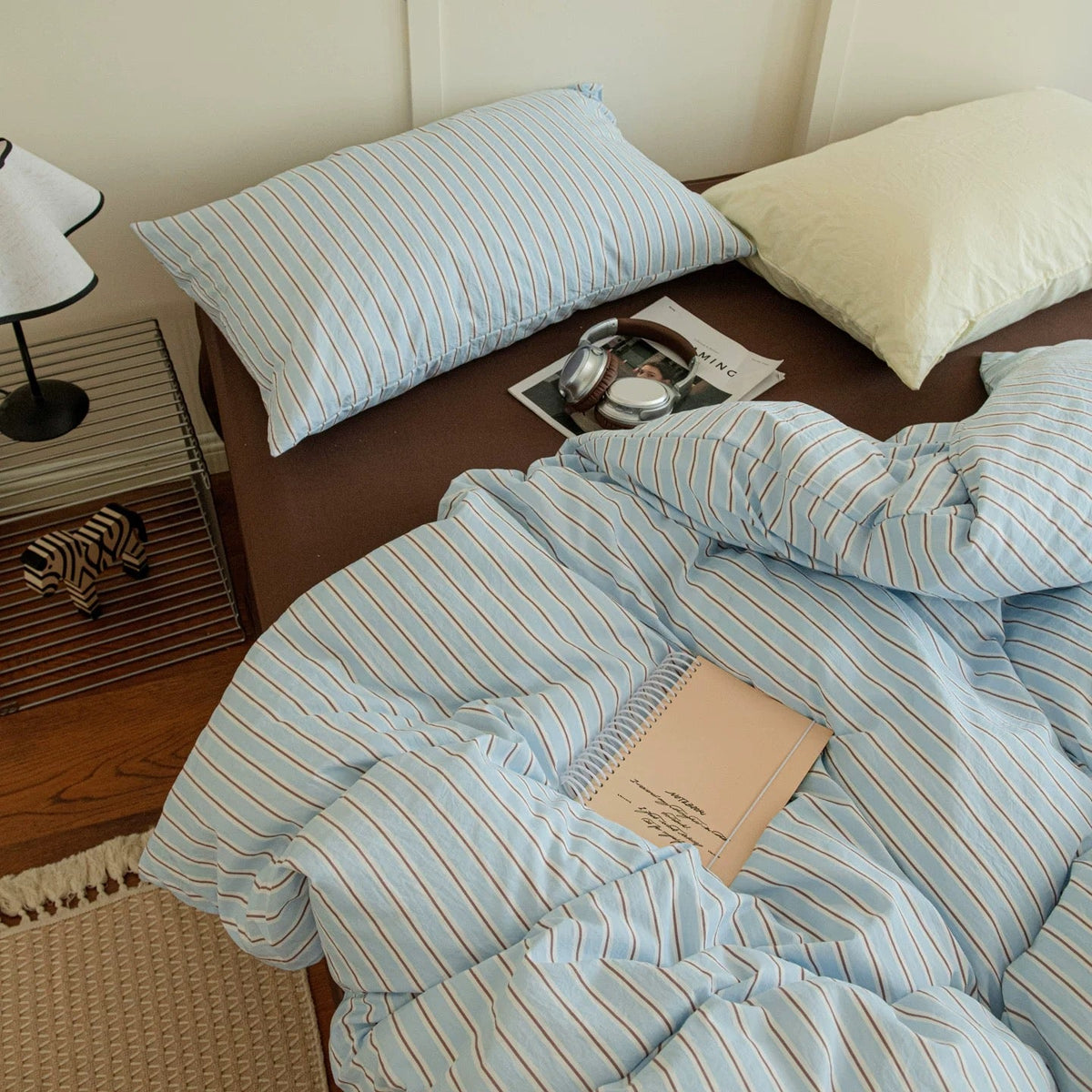 Aesthetic Blue & Brown Striped Duvet Cover Set
