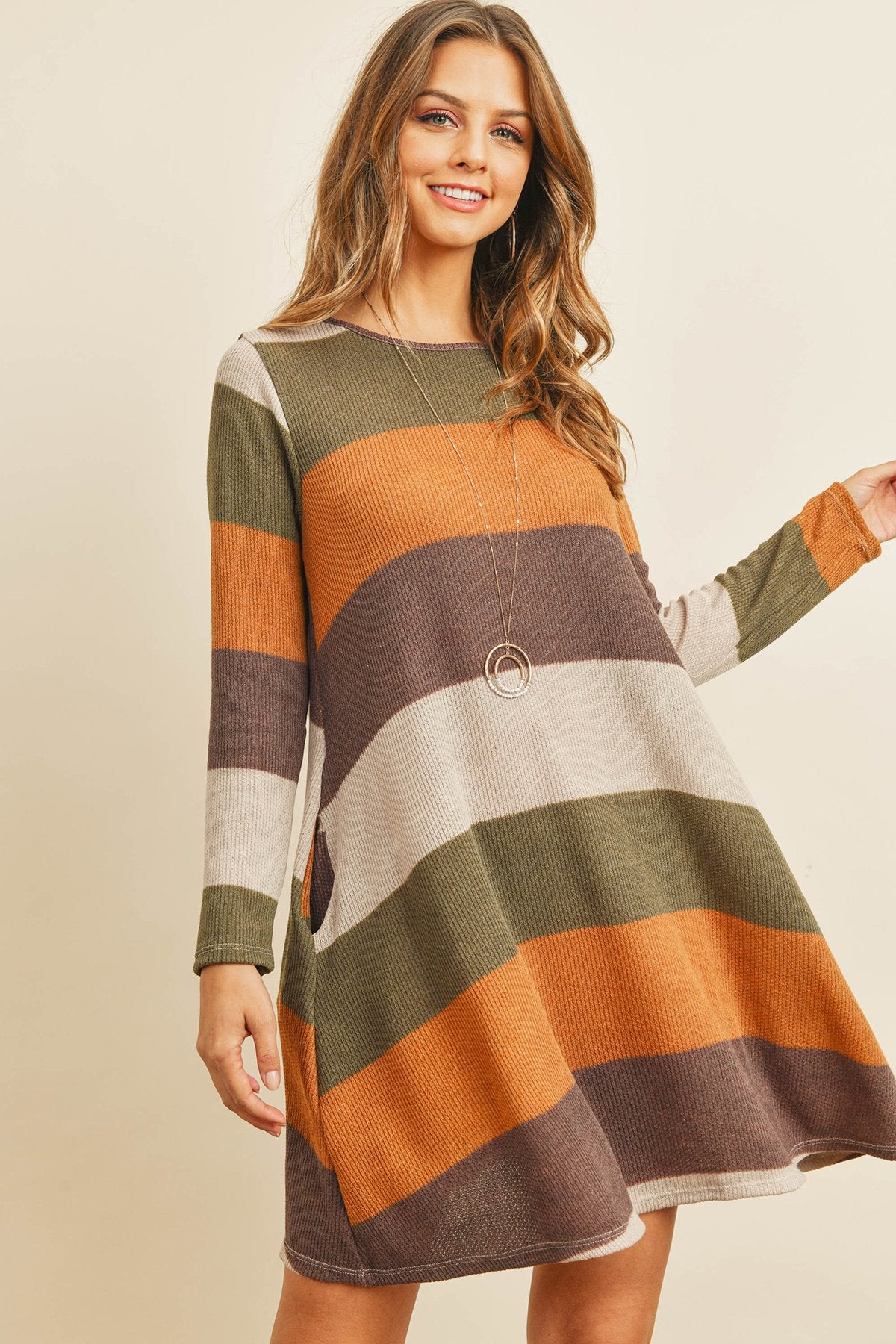 Long Sleeved Rib Stripe Pocket Dress