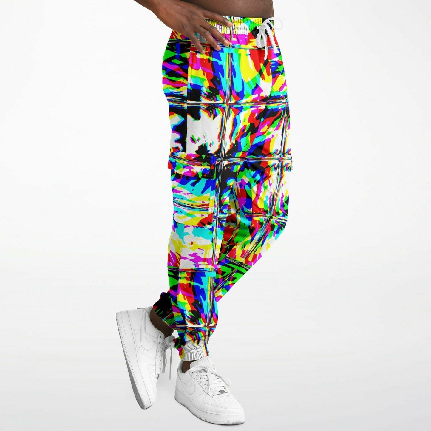 Psychedelic Rave Glitch Tiles Rainbow Plaid Unisex Cargo Joggers (Fleece Lined)
