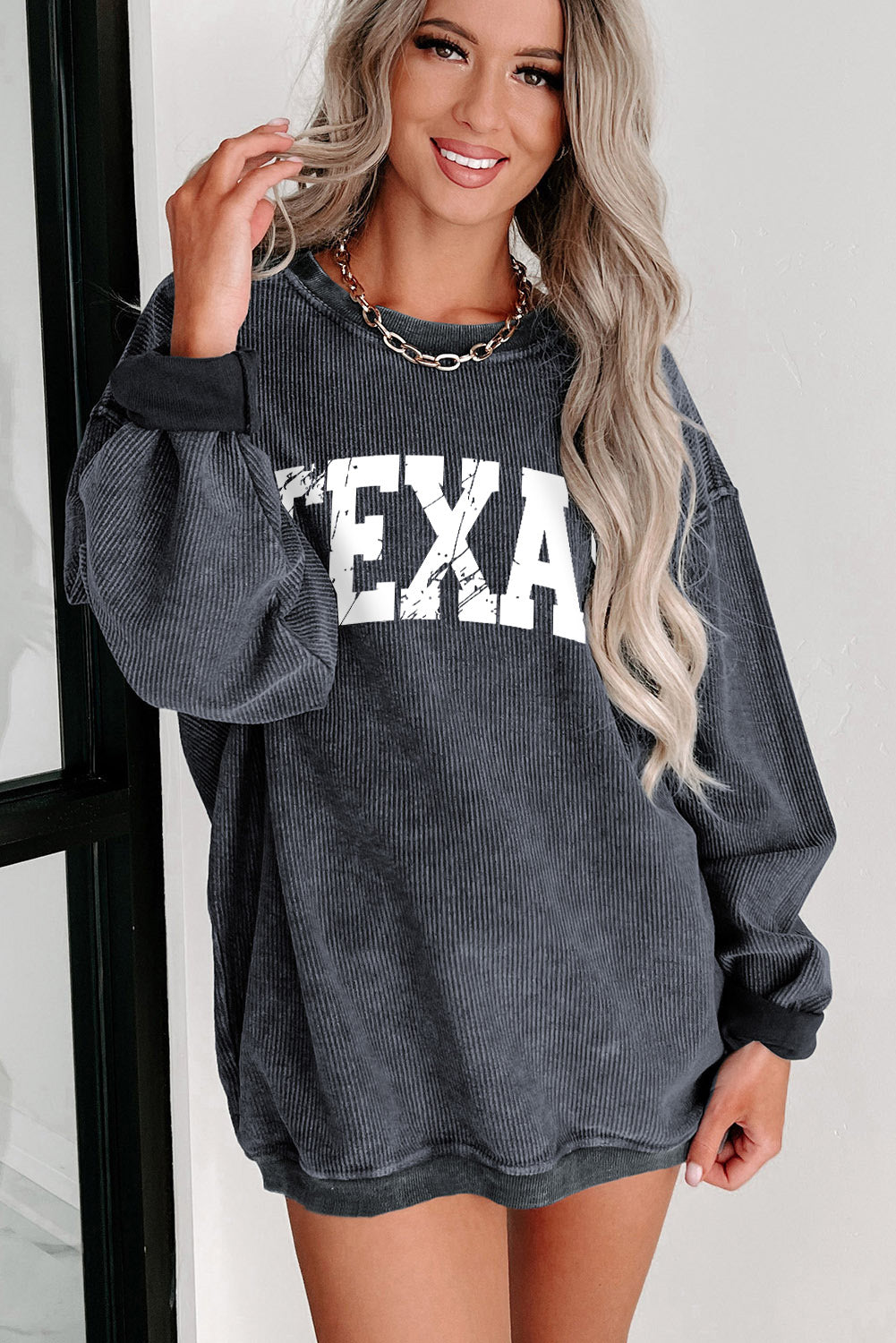 Texas Ribbed Knit Round Neck Pullover Sweatshirt