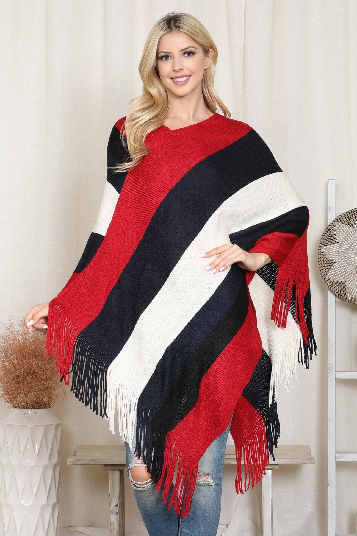 Color Block Fringe Poncho