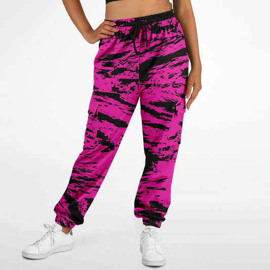 Pink and Black Rave Glitch Splatter Unisex Cargo Joggers (Fleece Lined)