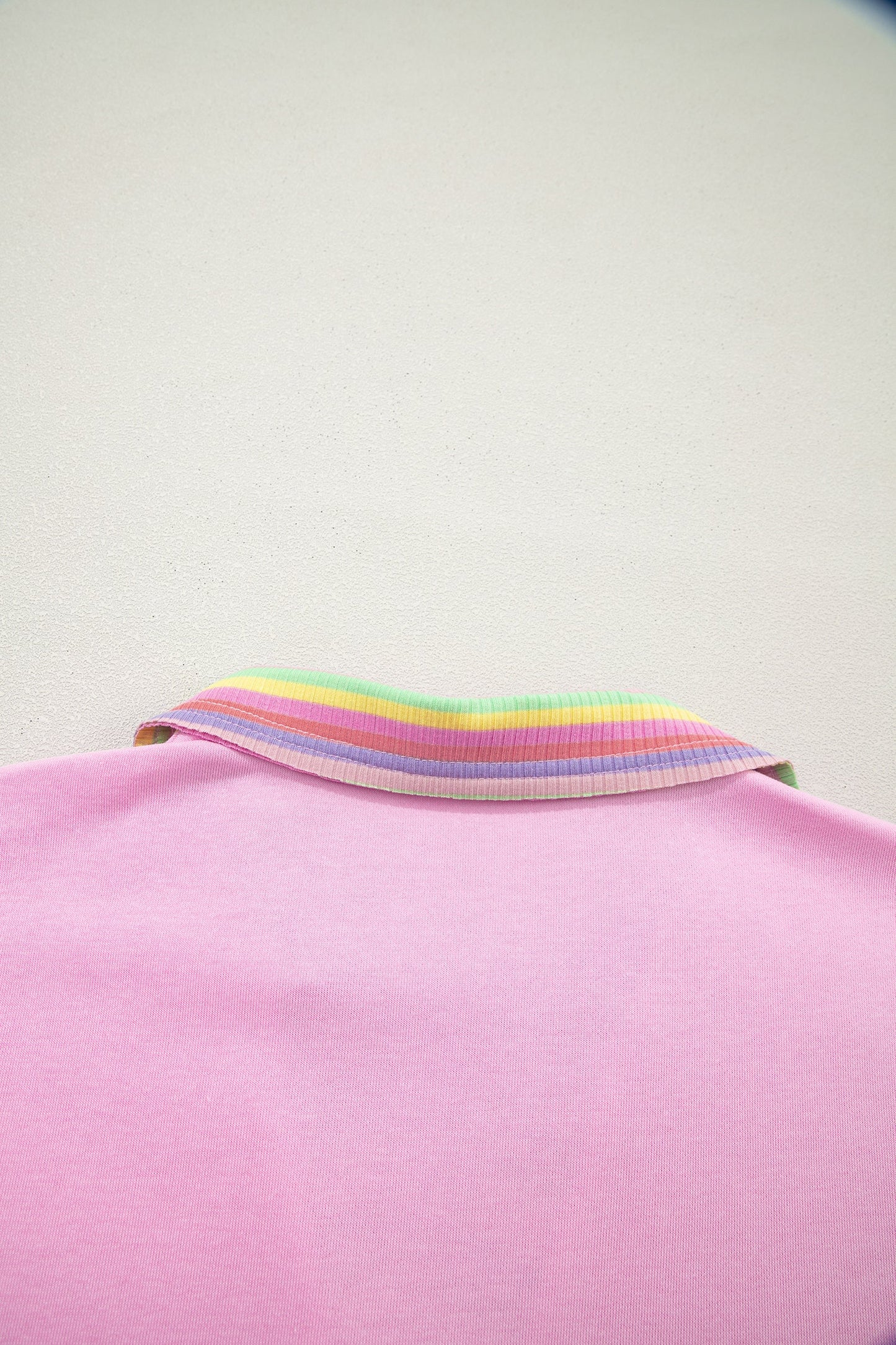Pink Rainbow Stripe Ribbed Patchwork Raw Seam Oversize Polo Tee