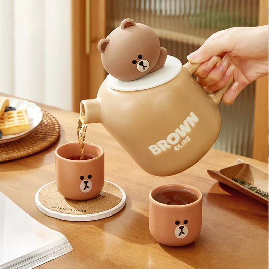 Tetera y tazas de cerámica con forma de osito de peluche