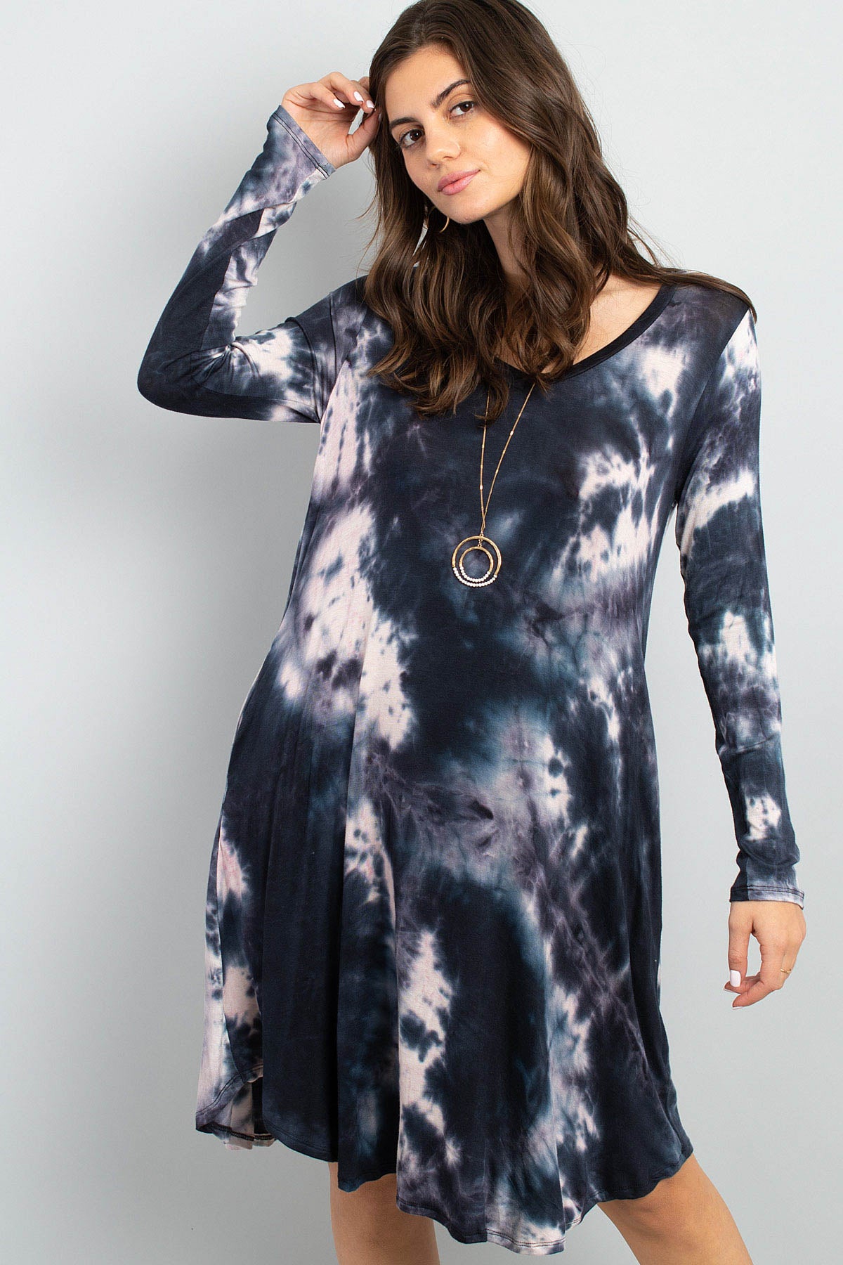 Tie Dye V-Neck Rounded Hem Midi Dress