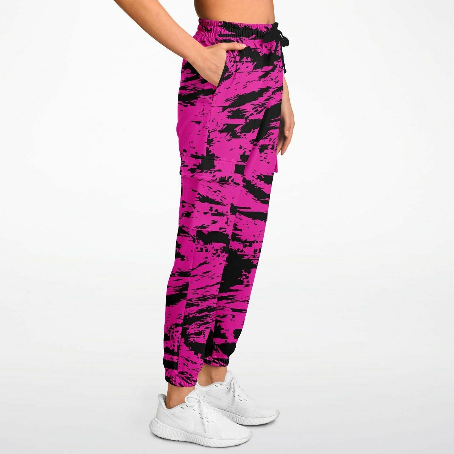 Pink and Black Rave Glitch Splatter Unisex Cargo Joggers (Fleece Lined)