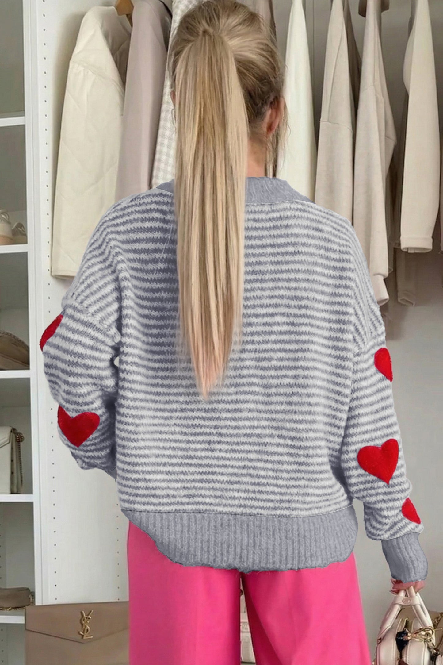 Gray Stripe Contrast Heart Pattern Knit Sweater