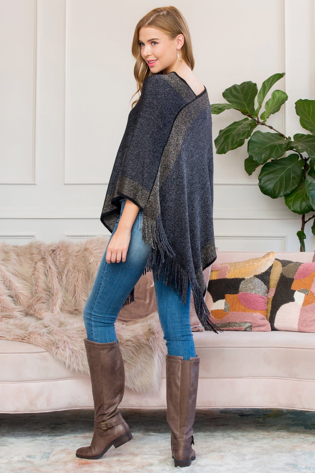 Ultra Soft Two Tone Fringe Poncho