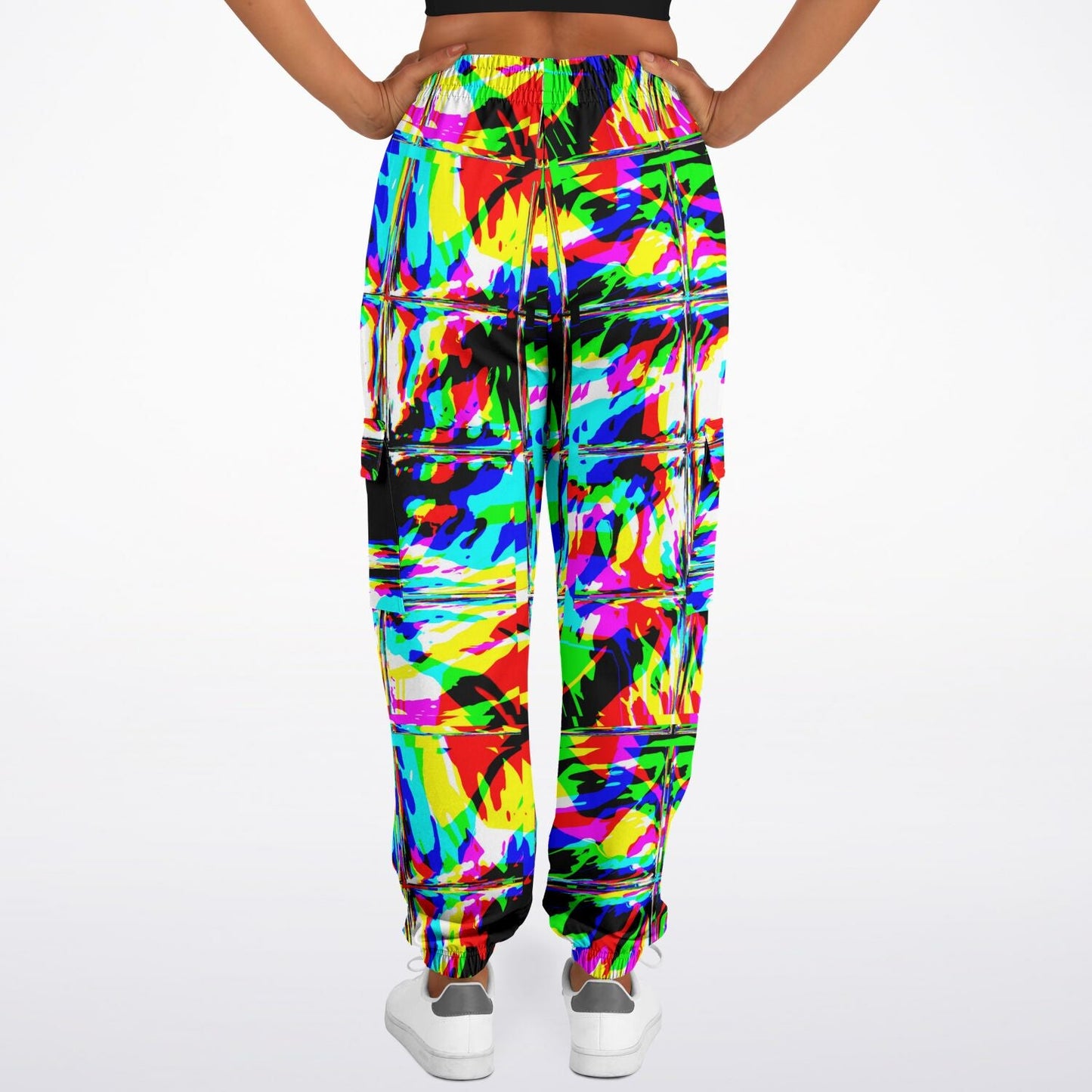 Psychedelic Rave Glitch Tiles Rainbow Plaid Unisex Cargo Joggers (Fleece Lined)