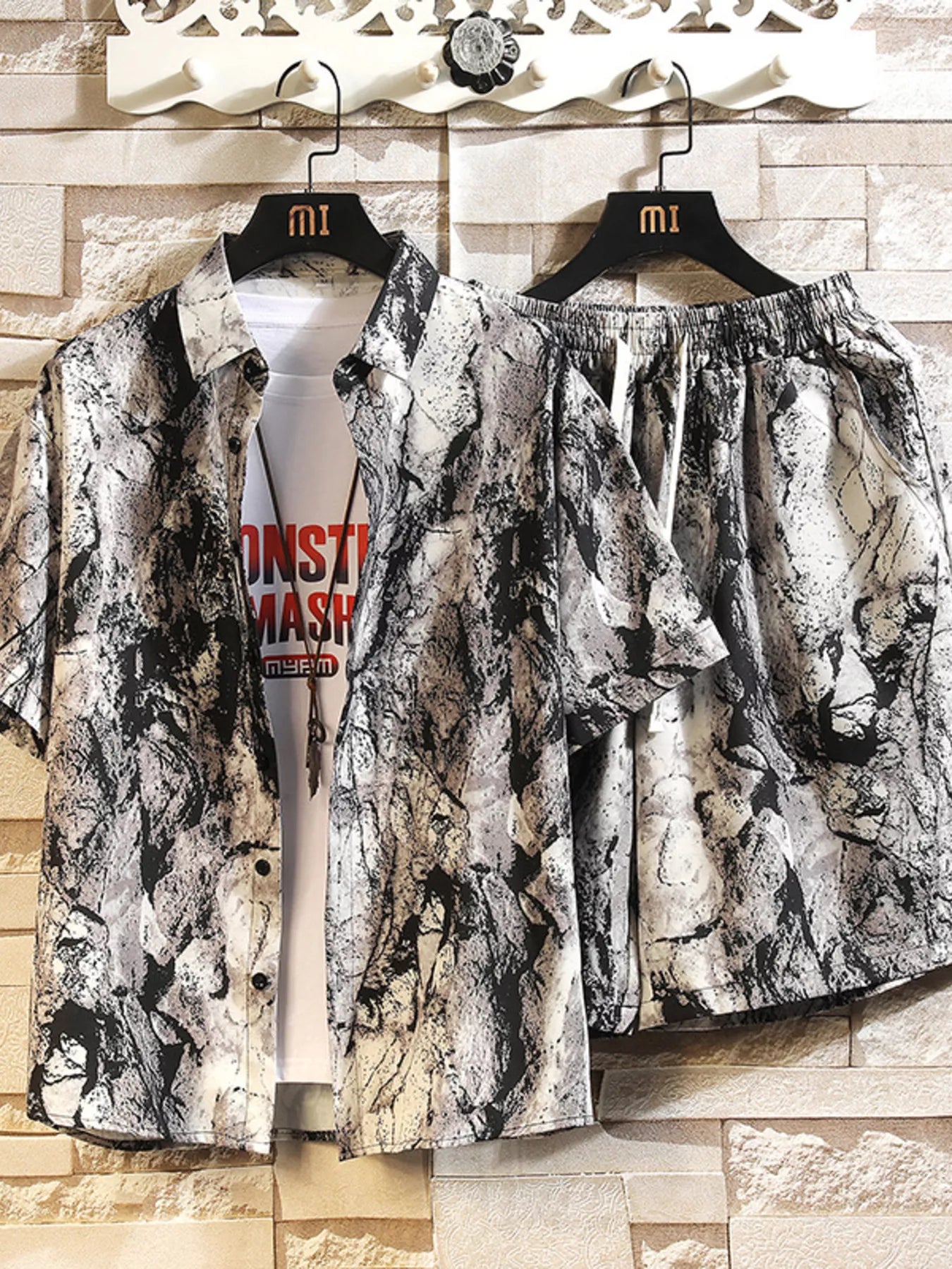 Men's Printed Button Up Shirt and Shorts Set