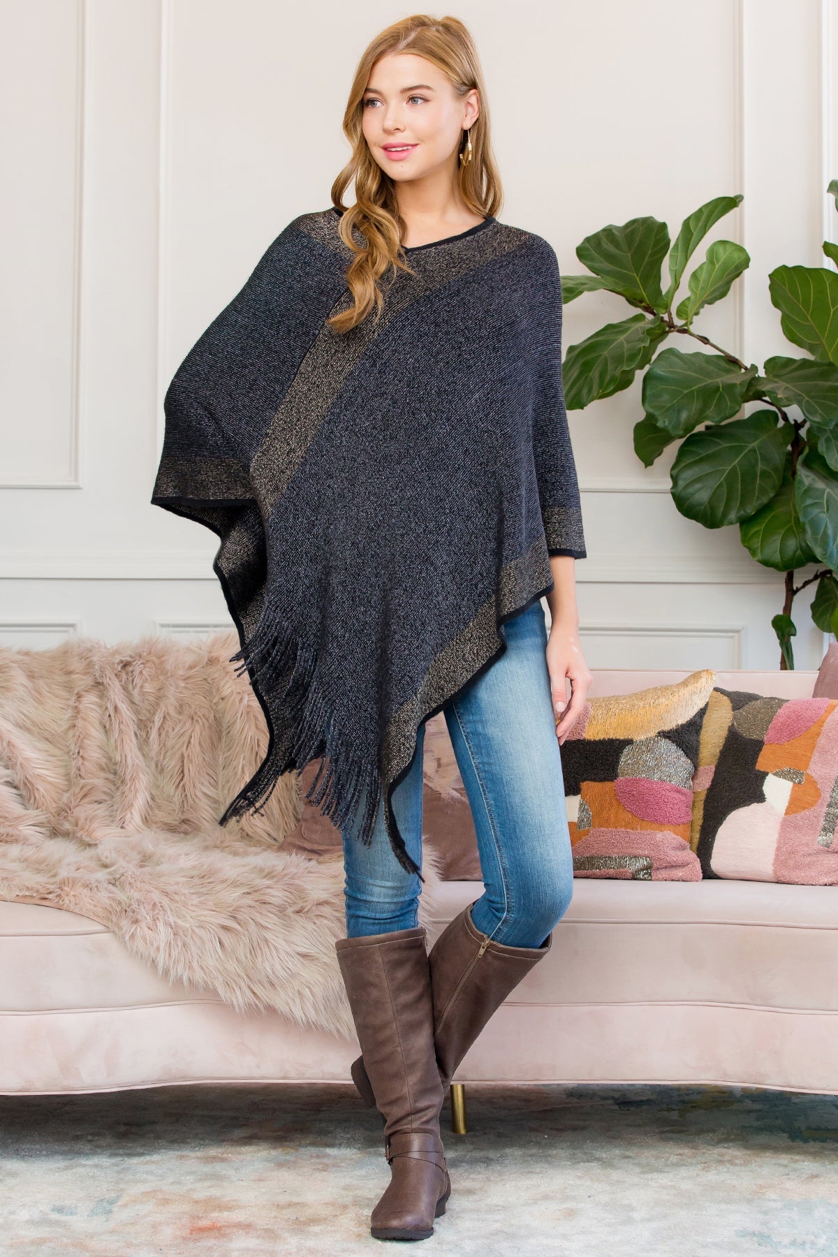 Ultra Soft Two Tone Fringe Poncho