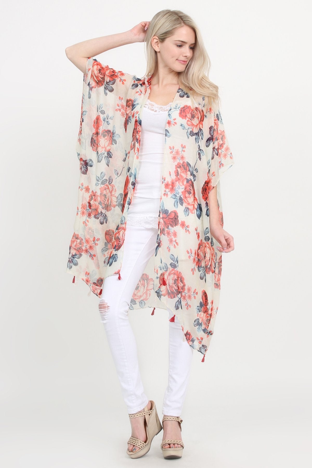 Open Front Knee Length Floral Cardigan