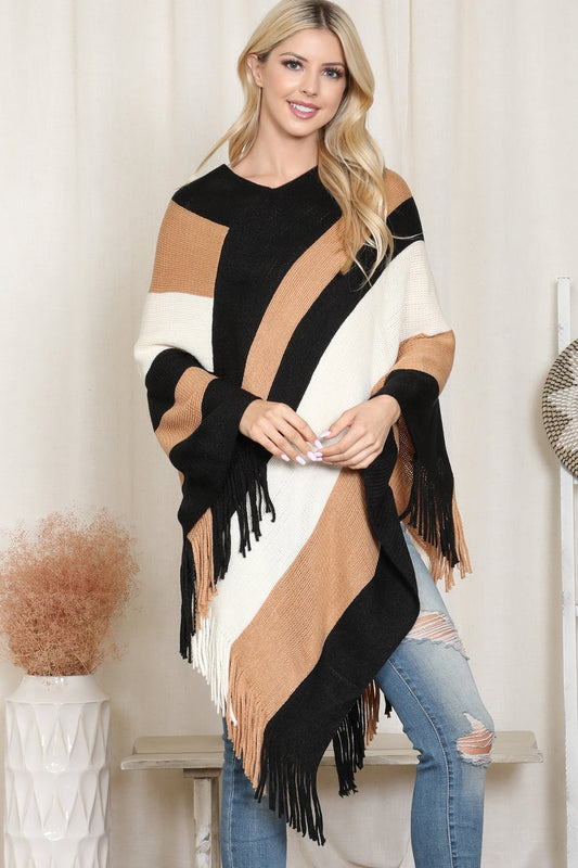 Color Block Fringe Poncho