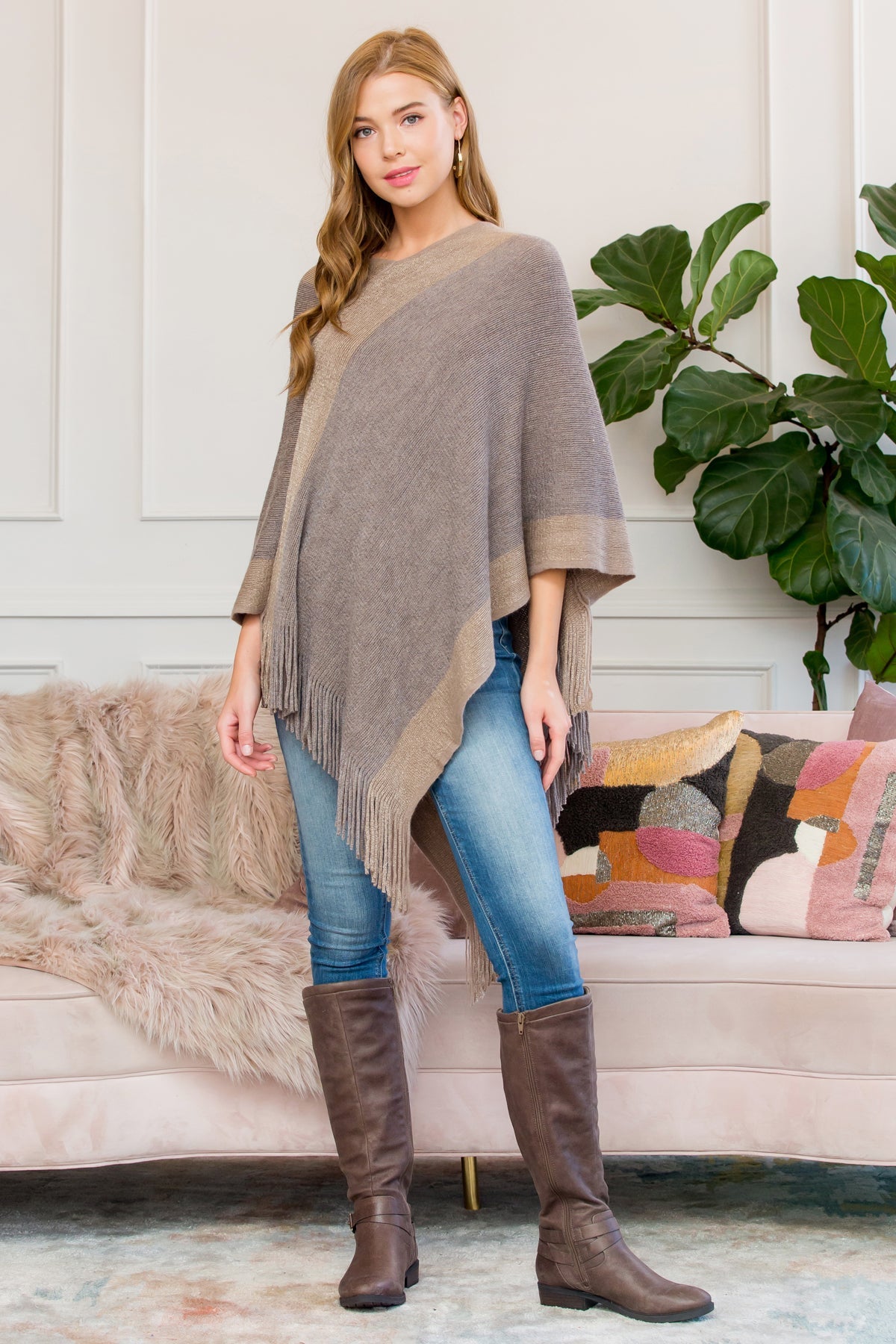 Ultra Soft Two Tone Fringe Poncho