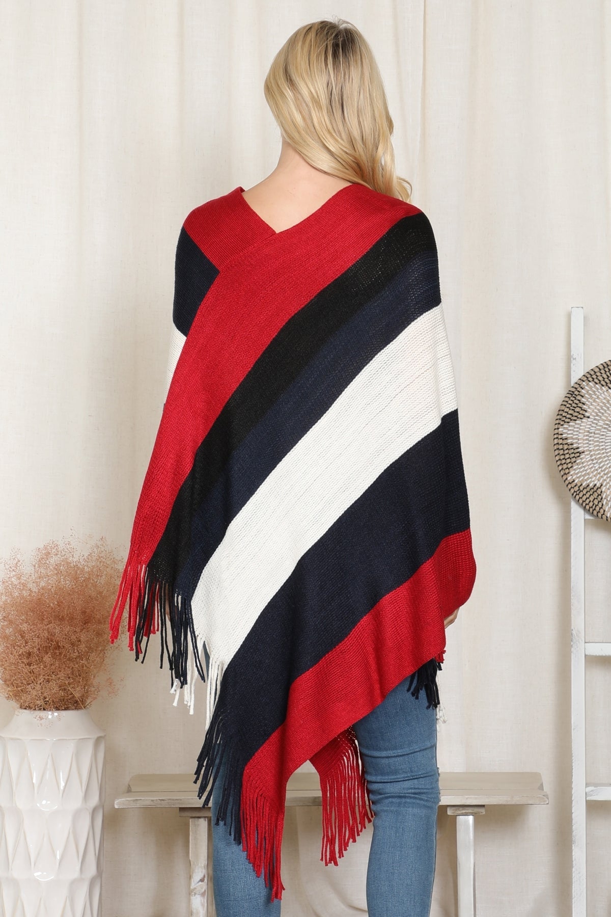 Color Block Fringe Poncho