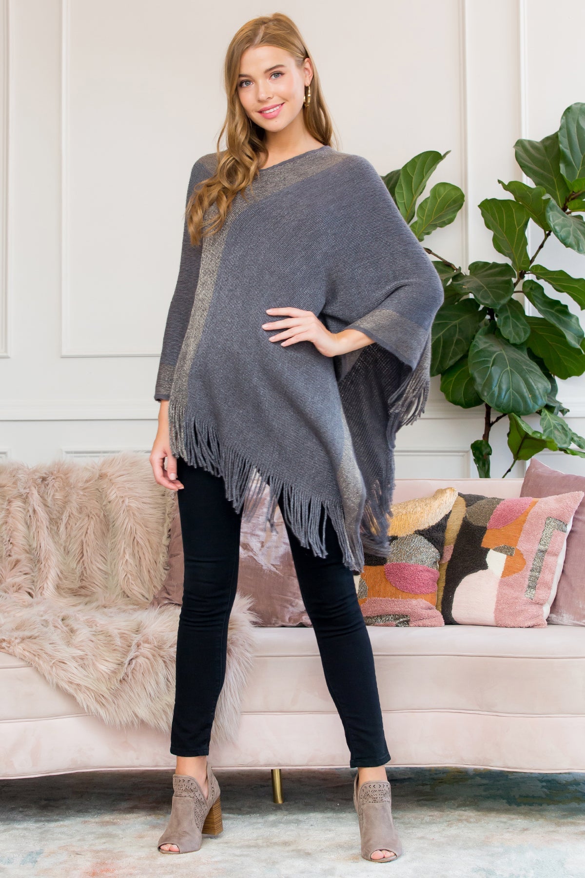 Ultra Soft Two Tone Fringe Poncho