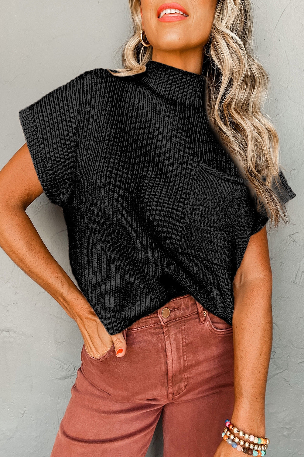 Lindsey Patch Pocket Ribbed Knit Short Sleeve Sweater