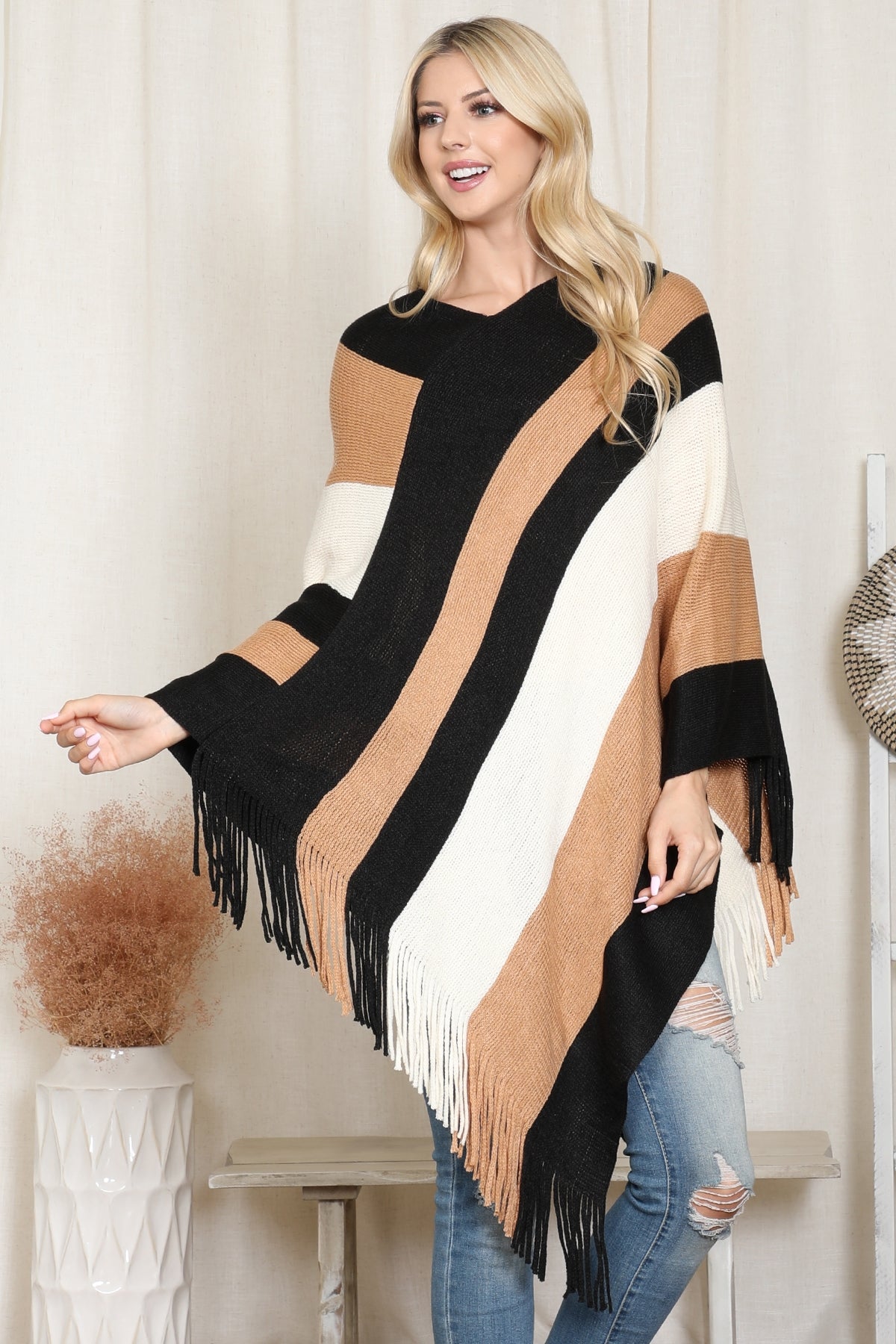 Color Block Fringe Poncho