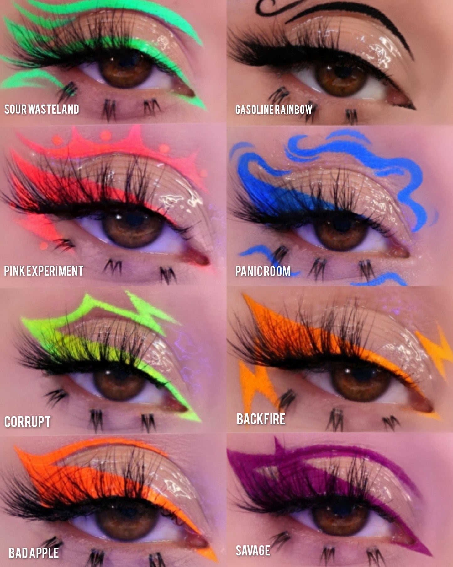 Collage of eyes with colorful makeup styles labeled 'Sour Wasteland', 'Gasoline Rainbow', 'Pink Experiment', 'Panicroom', 'Corrupt', 'Backfire', 'Badapple', and 'Savage'.