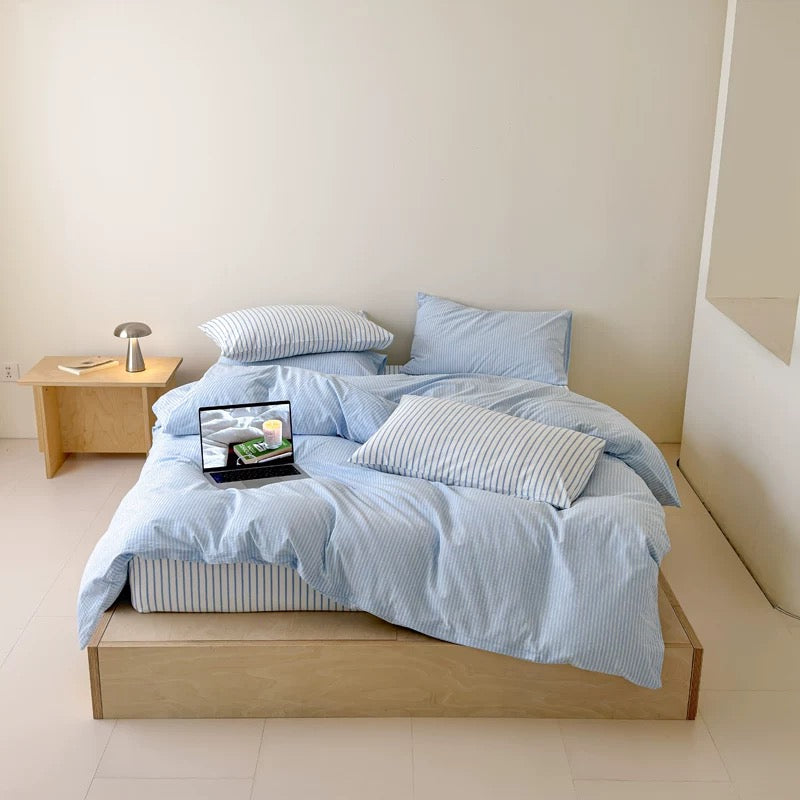 Light Gray Striped Cotton Duvet Cover Set