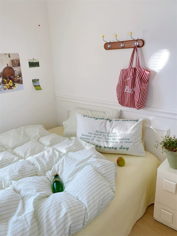 Pink & Yellow Striped Cotton Duvet Cover Set