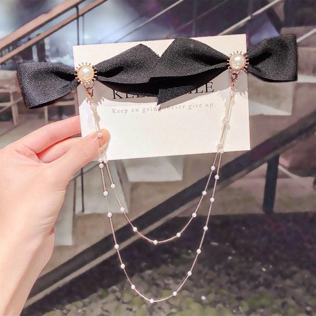 Pearl Chain Bow Barrettes