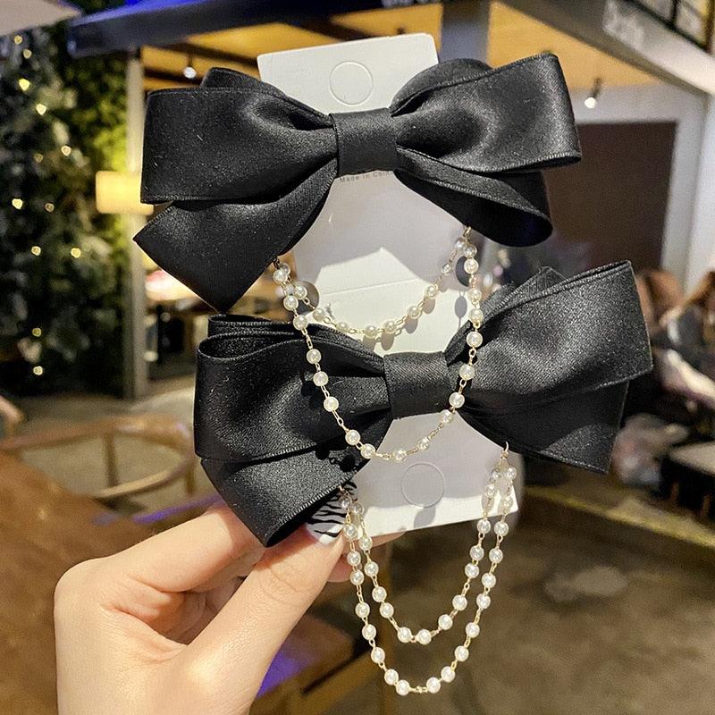 Pearl Chain Bow Barrettes