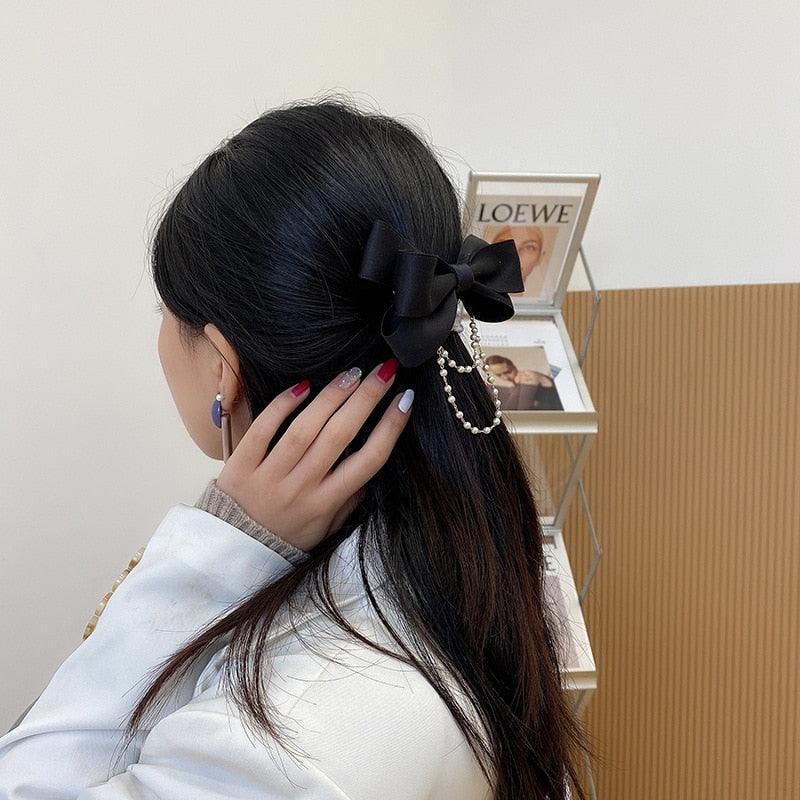 Pearl Chain Bow Barrettes
