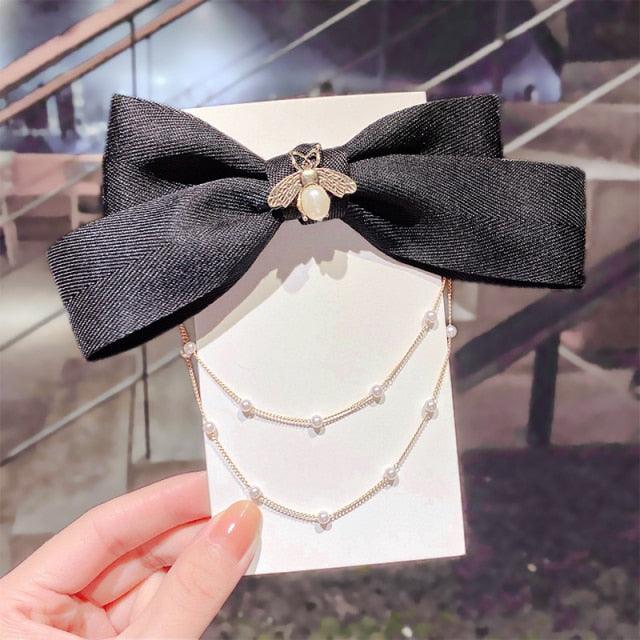 Pearl Chain Bow Barrettes