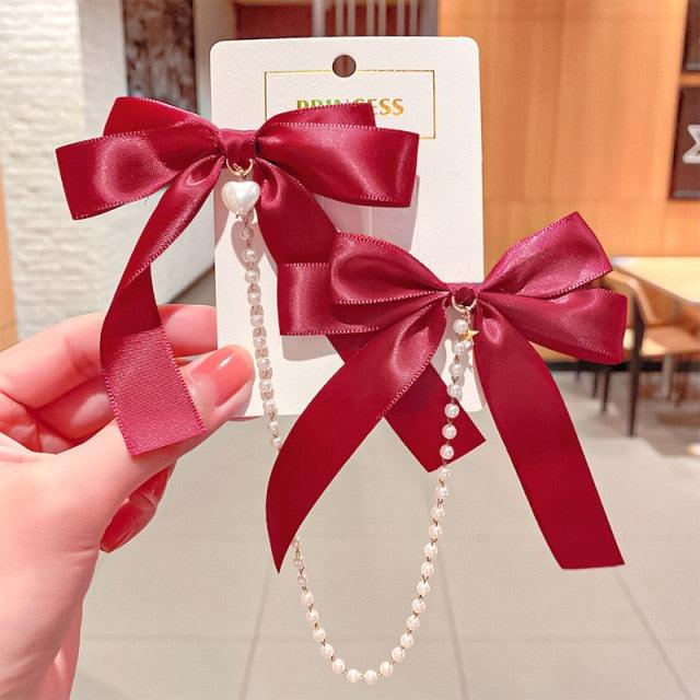 Pearl Chain Bow Barrettes