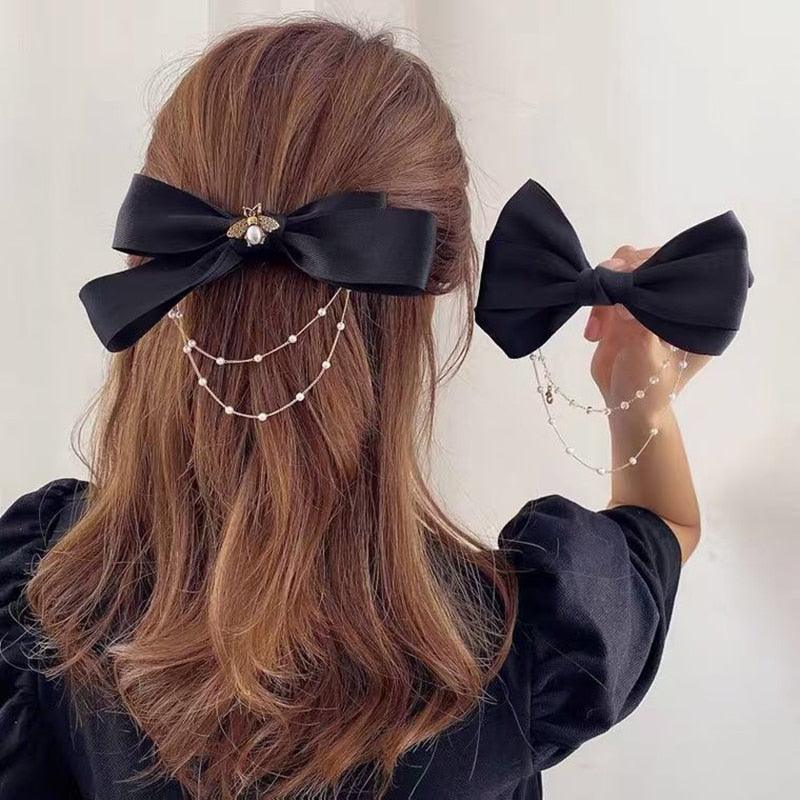 Pearl Chain Bow Barrettes