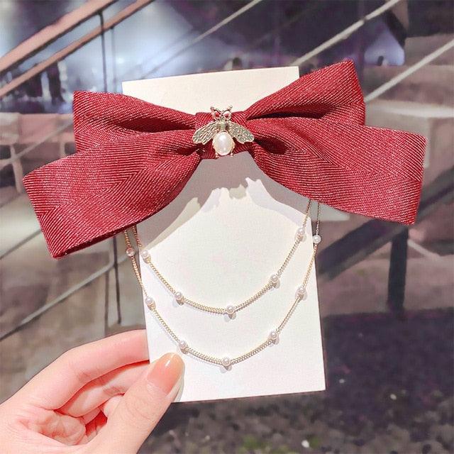 Pearl Chain Bow Barrettes