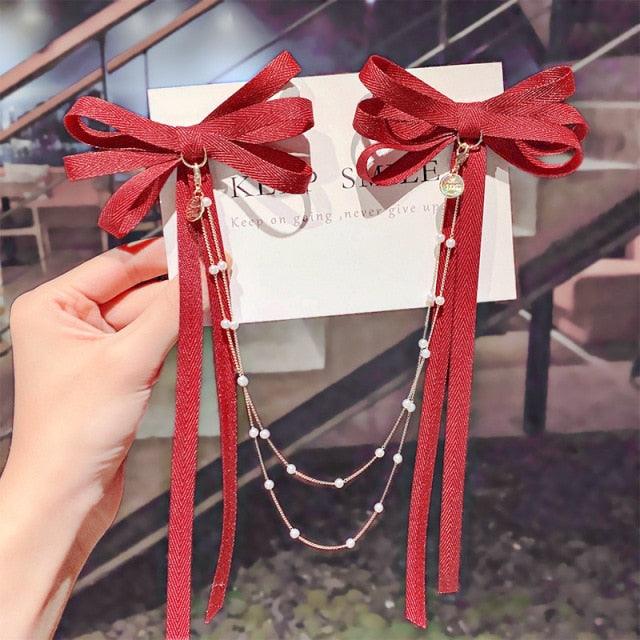 Pearl Chain Bow Barrettes