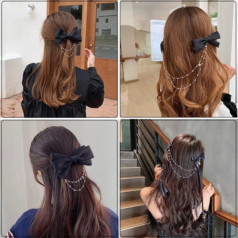 Pearl Chain Bow Barrettes
