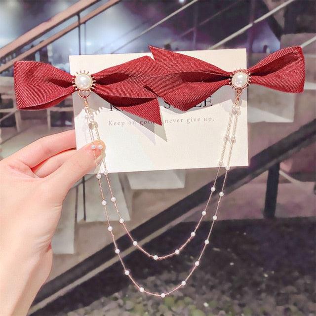 Pearl Chain Bow Barrettes