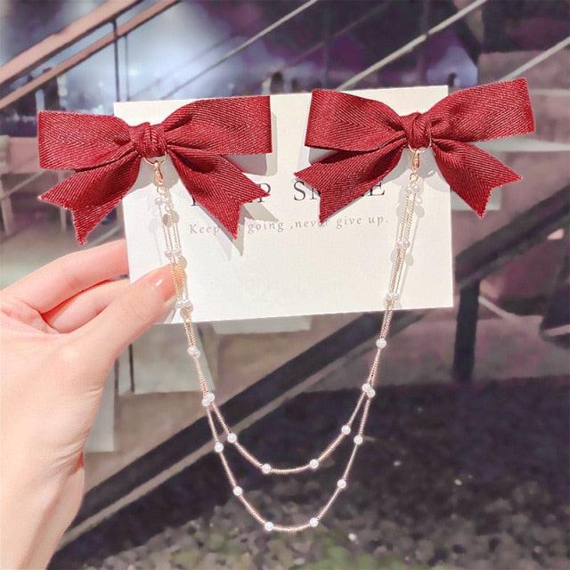Pearl Chain Bow Barrettes