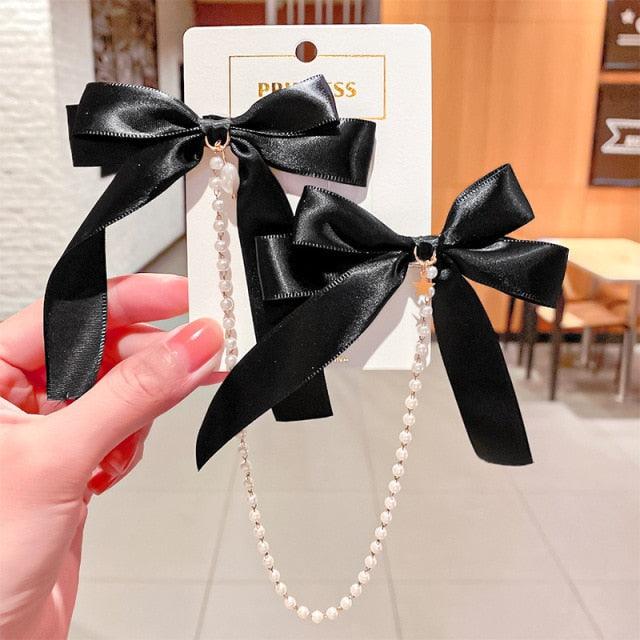 Pearl Chain Bow Barrettes
