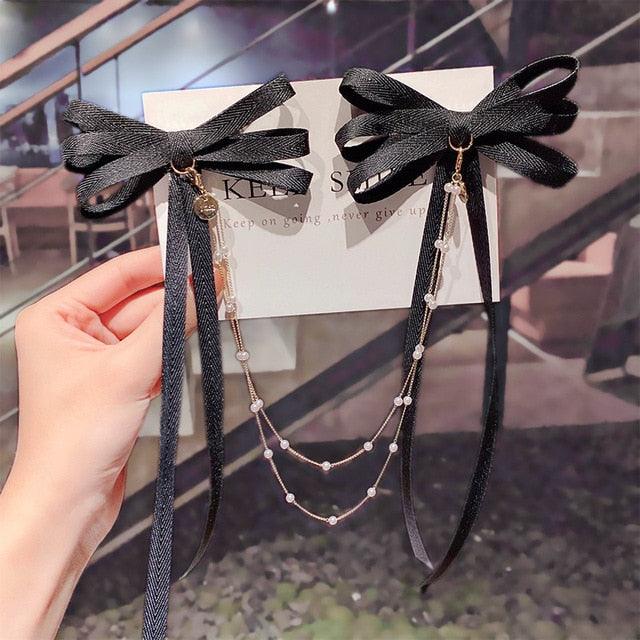 Pearl Chain Bow Barrettes