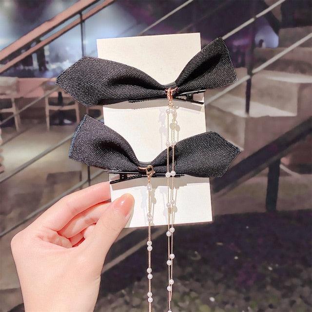Pearl Chain Bow Barrettes