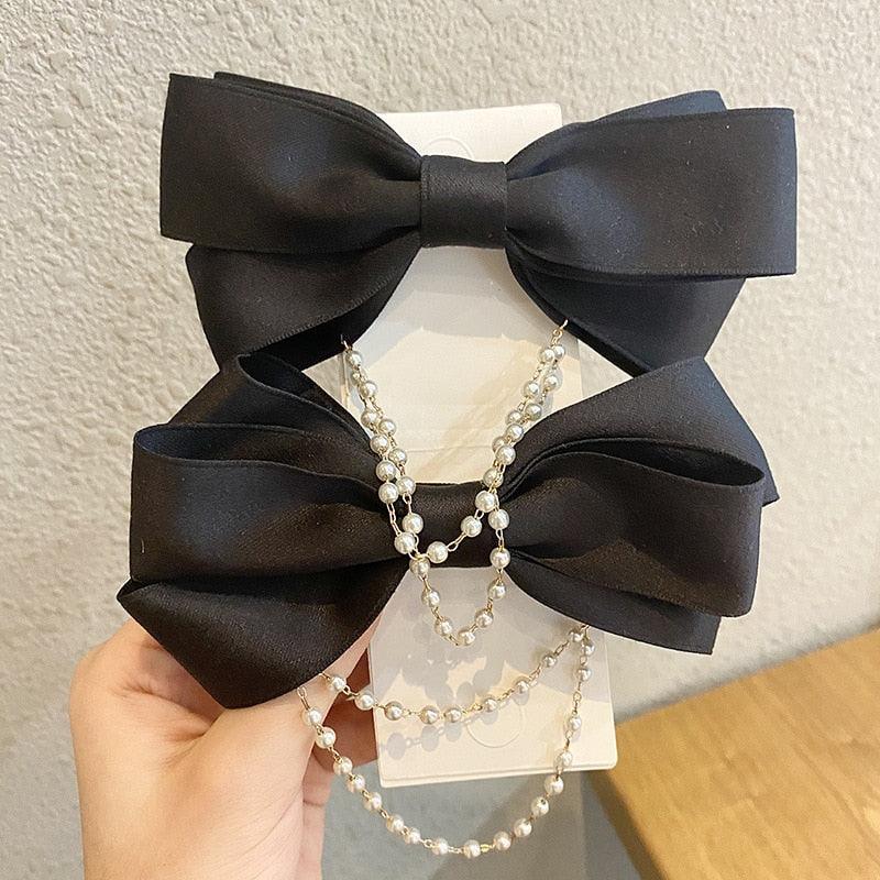 Pearl Chain Bow Barrettes