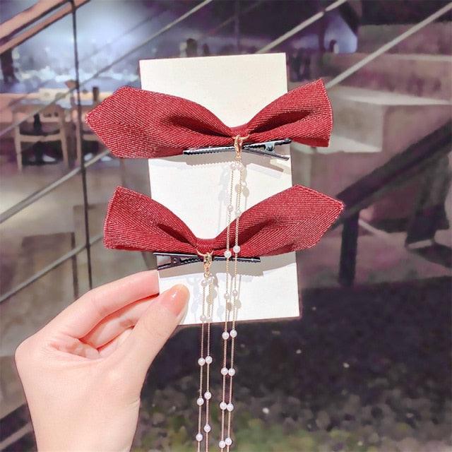 Pearl Chain Bow Barrettes