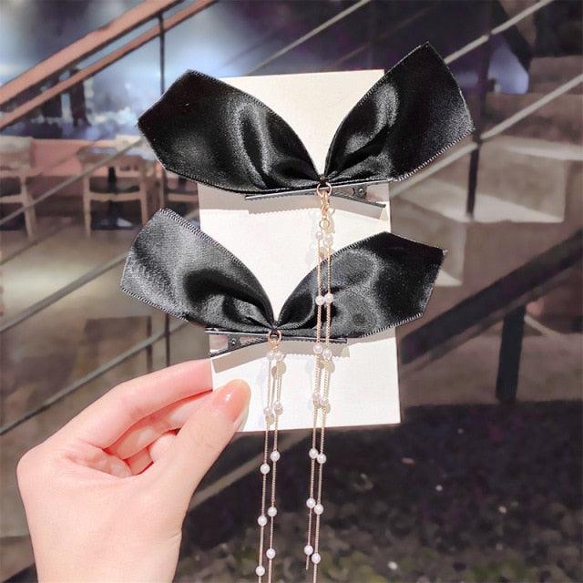 Pearl Chain Bow Barrettes