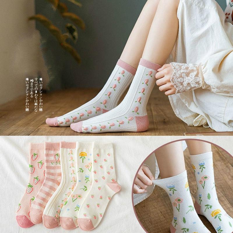 Strawberry & Flower Kawaii Crew Socks