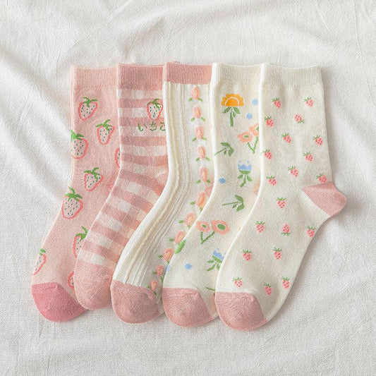 Strawberry & Flower Kawaii Crew Socks