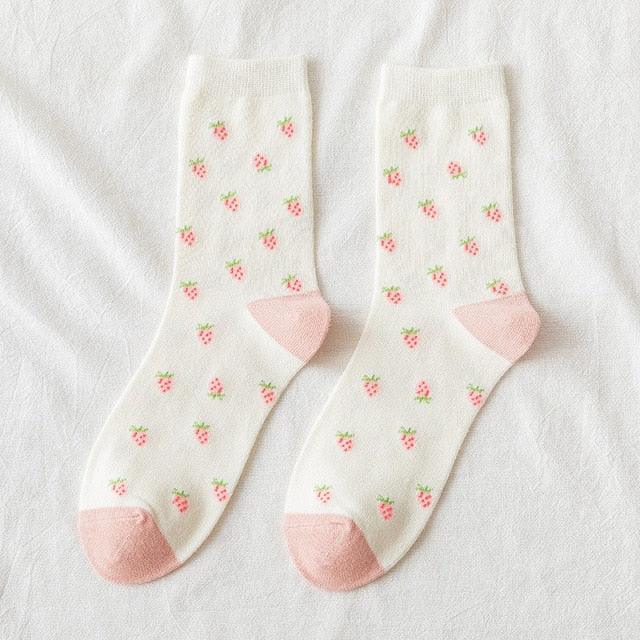 Strawberry & Flower Kawaii Crew Socks