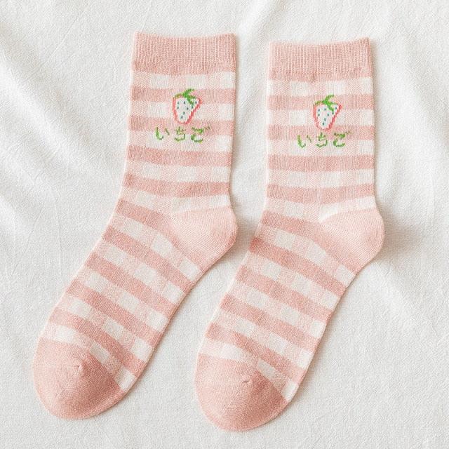 Strawberry & Flower Kawaii Crew Socks