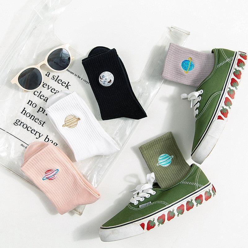 Planet Embroidery Crew Socks